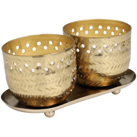 Egyptian Mint Scented Cutout Spotted Candles in Gold Bowls Set